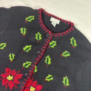Vintage 90s Christmas Sweater Cardigan Womens Large Embroidered Poinsettia Holly